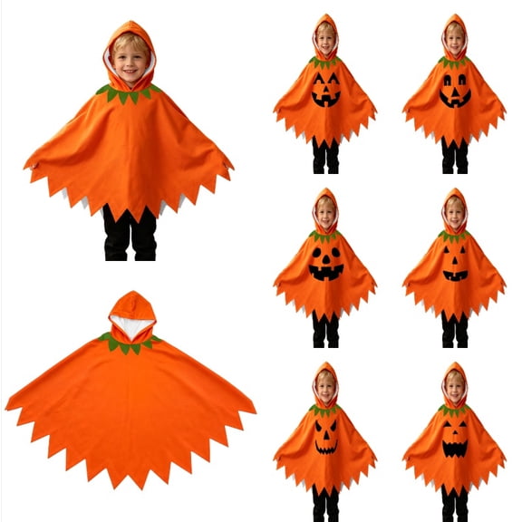 Krdevn Toddler Boys Girls Halloween Hooded Cloak Cartoon Expression Print Halloween Kid Role Play Fancy Dress Clothes