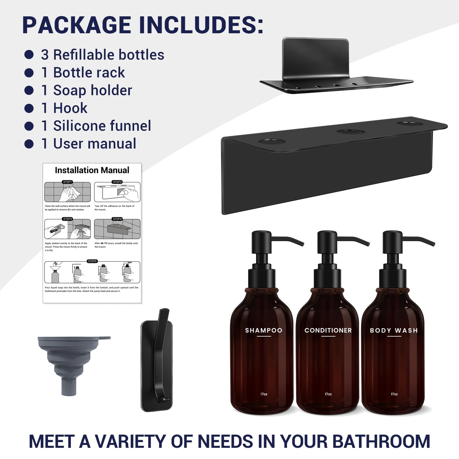 Shampoo and Conditioner Dispenser - Shower Soap Dispenser Wall Mounted - 17 fl oz Set of 3 Brown Plastic Bottles Black Pump - Shampoo Dispenser, Shower Dispenser