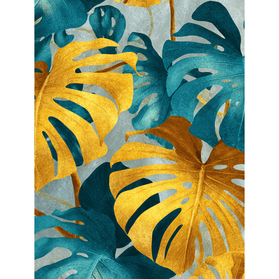 Gold Teal Monstera Leaf Canvas Wall Art,Elegant Decor for Living Room Bedroom Office Hotel
