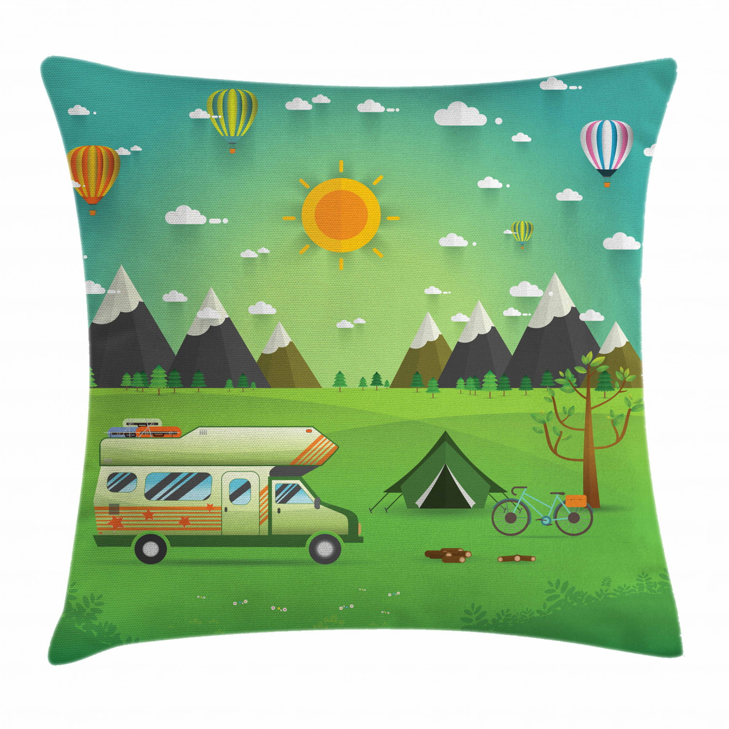 Cartoon Bus Cushion Cover Home Decor Happy Campers Decorative Throw Pillow Cover
