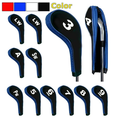 Golf Club Iron Heads - 12Pcs/set Golf Club Head Covers Replacement Zipper Headcovers Golf Clubs Iron Head Cover Long Neck(Red/White/Black/Blue)