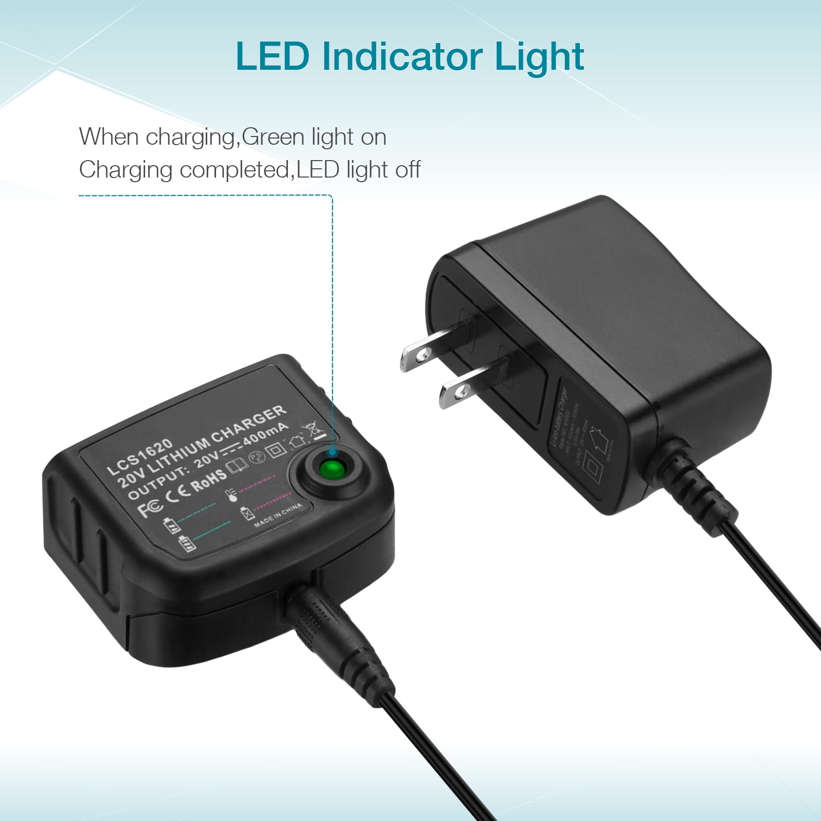 For Black + Decker Battery Charger, 20V Lithium-ion Battery Charger for Porter-Cable LBXR20 PCC685L LCS1620
