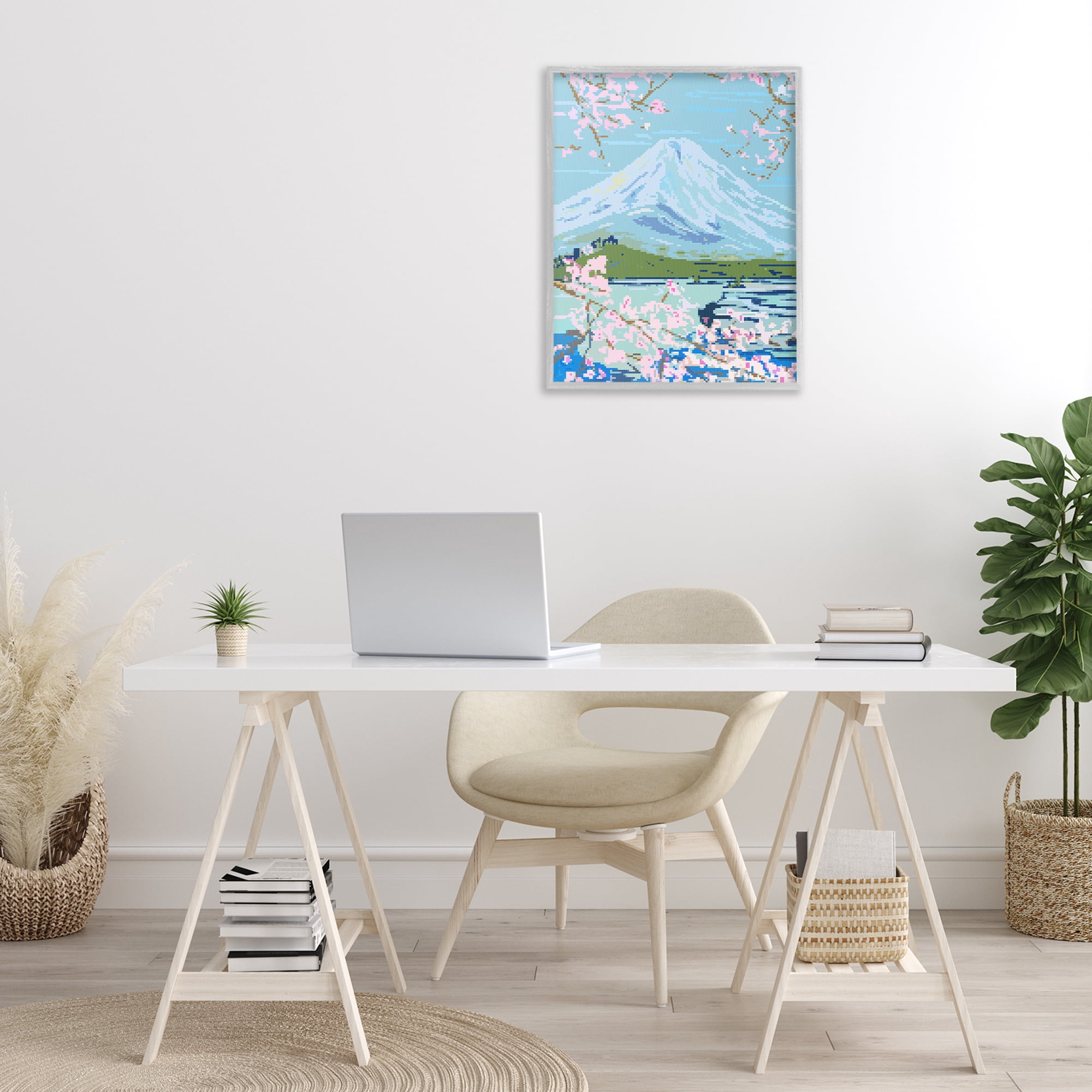 Stupell Industries Pixel Mount Fuji Landscape Painting Gray Framed Art Print Wall Art, 24 x 30