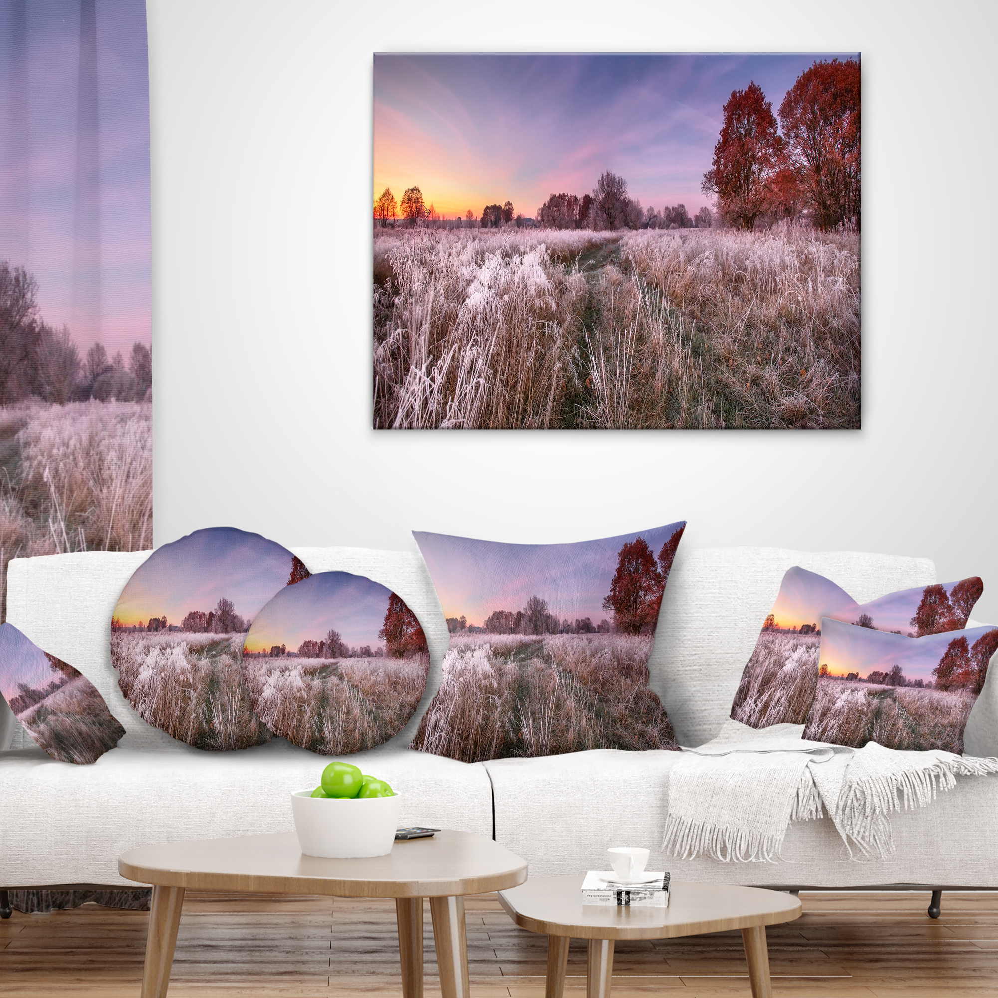 Designart Frosty Fall Trees with Red Leaves - Landscape Printed Throw Pillow - 18x18
