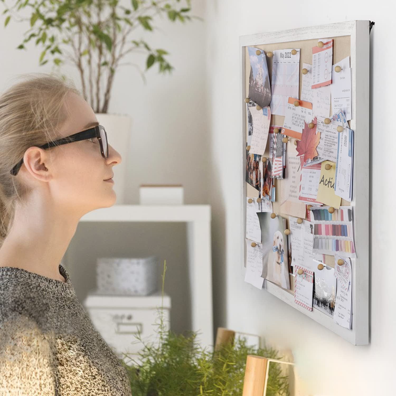Sfugno Large Bulletin Board 23x18 inch with Linen Wood Boards Wall Decor Hanging Pin Wood Framed Display Bulletin Cork Photo Picture Board Light for Room School Office,White