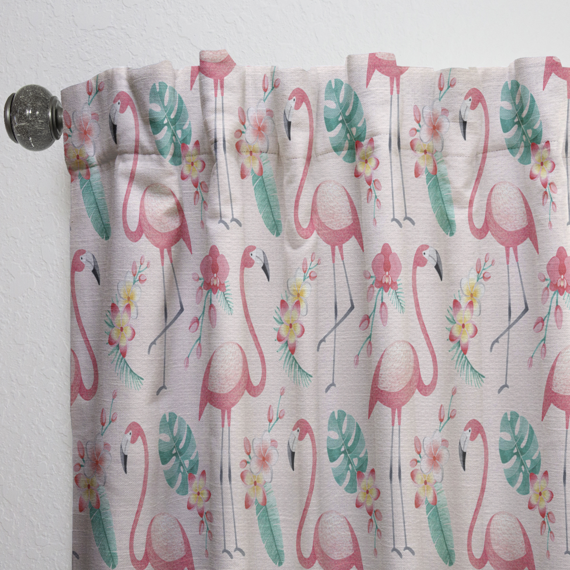Designart 'Tropical Botanicals, Flamingo and Flowers II' Mid-Century Modern Curtain Panel