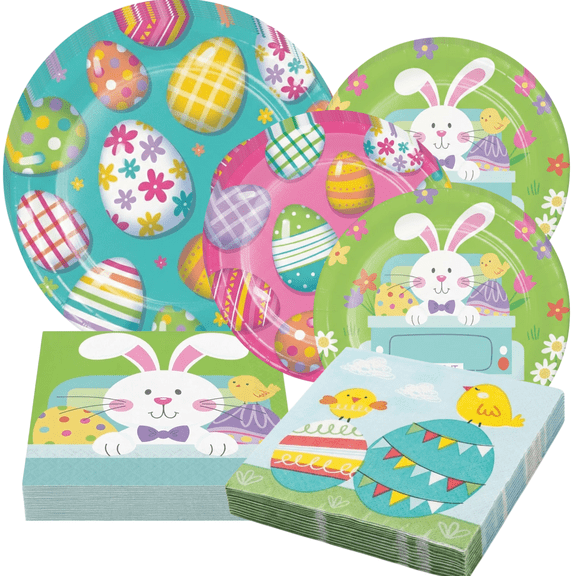 Easter Party Supplies Set – Plates and Napkins Bundle, Serves 16, Coordinated Easter Designs Tableware, Dessert & Dinner Plates with Beverage and Lunch Napkins, 64 Piece Spring Party Supplies Set