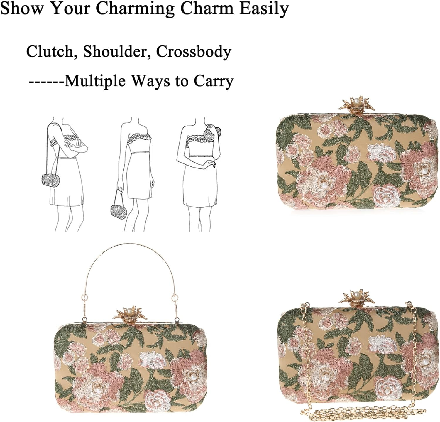 Womens Vintage Floral Embroidery Clutch Evening Handbag Shoulder Bags Purse for Wedding Party Prom