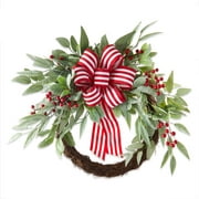 Holiday Time Lambsear With Bow Greenery Un-Lit Christmas Wreath, 24"