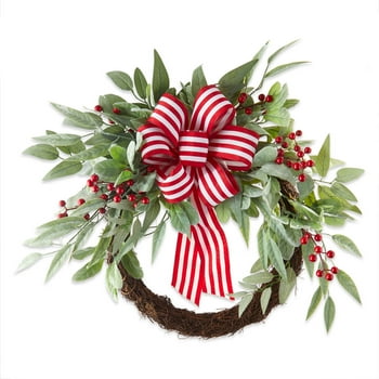 Holiday Time Lambsear With Bow Greenery Un-Lit Christmas Wreath, 24"