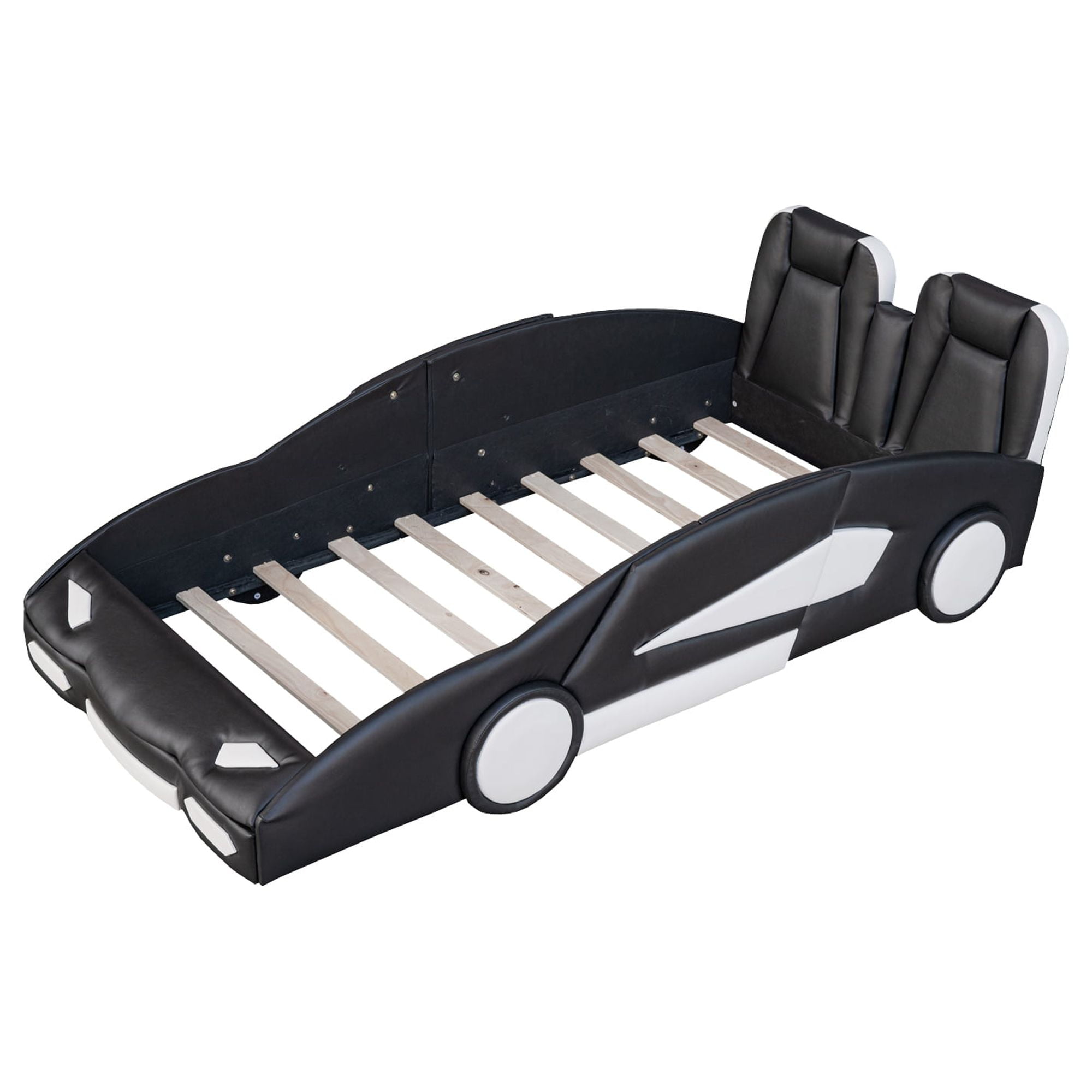 Euroco Modern Wood Race Car-Shaped Twin Platform Bed for Kids Teens Bedroom, Upholstery PU Leather Car Bed for Kids Gift, Black