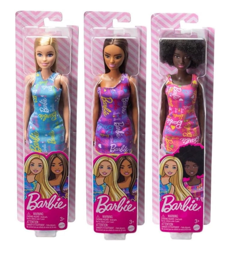 Barbie Fabulous Dolls with Signature on Dress in Blue, Purple, and Pink (Bundle of 3)