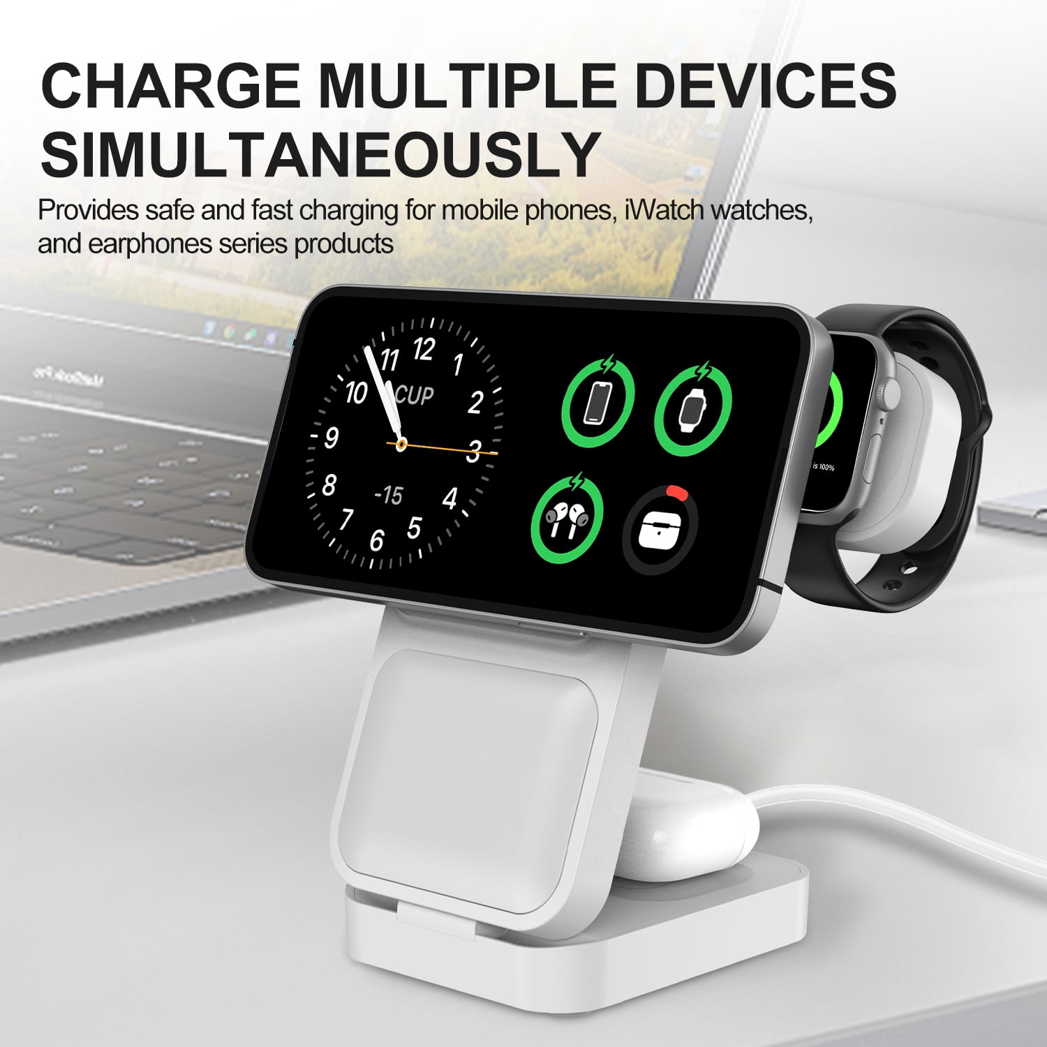 15w Foldable 3-in-1 Wireless Charger Stand for Apple Magsafe Stand for iPhone 16pro Watch Ultra2 (white)