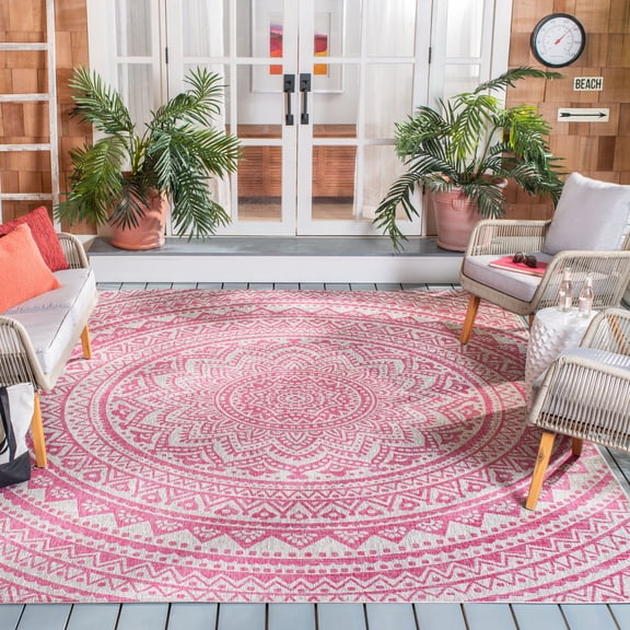 SAFAVIEH Courtyard Josiah Floral Medallion Indoor/Outdoor Area Rug, 8' x 11', Light Grey/Fuchsia