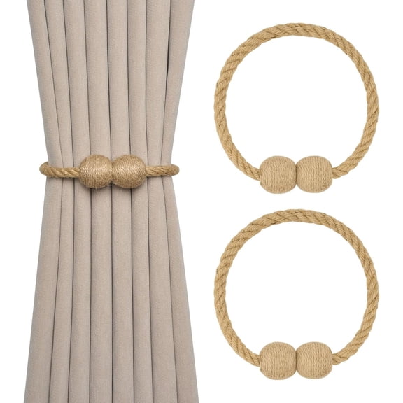 2 Pack Natural Jute Rope Magnetic Curtain Tiebacks Farmhouse Rustic Style Decorative Drape Tie Backs Elegant Handmade Braided Curtain Holdbacks for Home & Office Drapery (Ball-A)