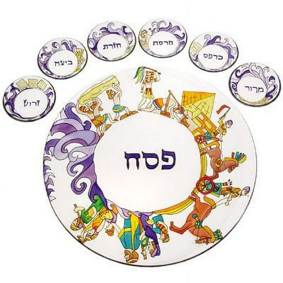 Passover Seder Plate Set - Yair Emanuel HAND PAINTED GLASS PASSOVER SEDER PLATE THE EXODUS FROM EGYPT (Bundle)