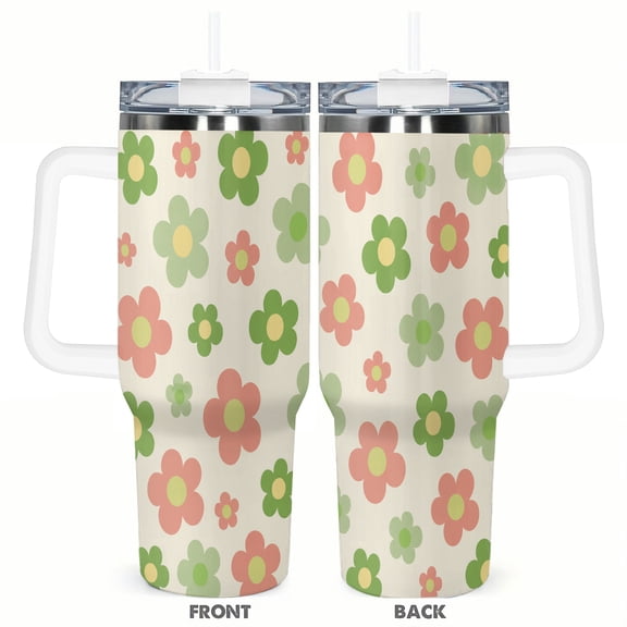 40oz Retro Flower Tumbler with Handle and Straw Cute Groovy Daisy Stainless Steel Insulated Travel Coffee Cup Gift for Women