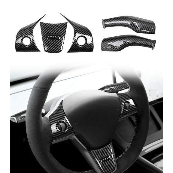 Steering Wheel Panel Wrap Cover Trim Kit And Gear Shifter Cover Replacement For 2017-2023 Tesla Model 3 Interior Accessories Black (5pcs/Set, Glossy Carbon)