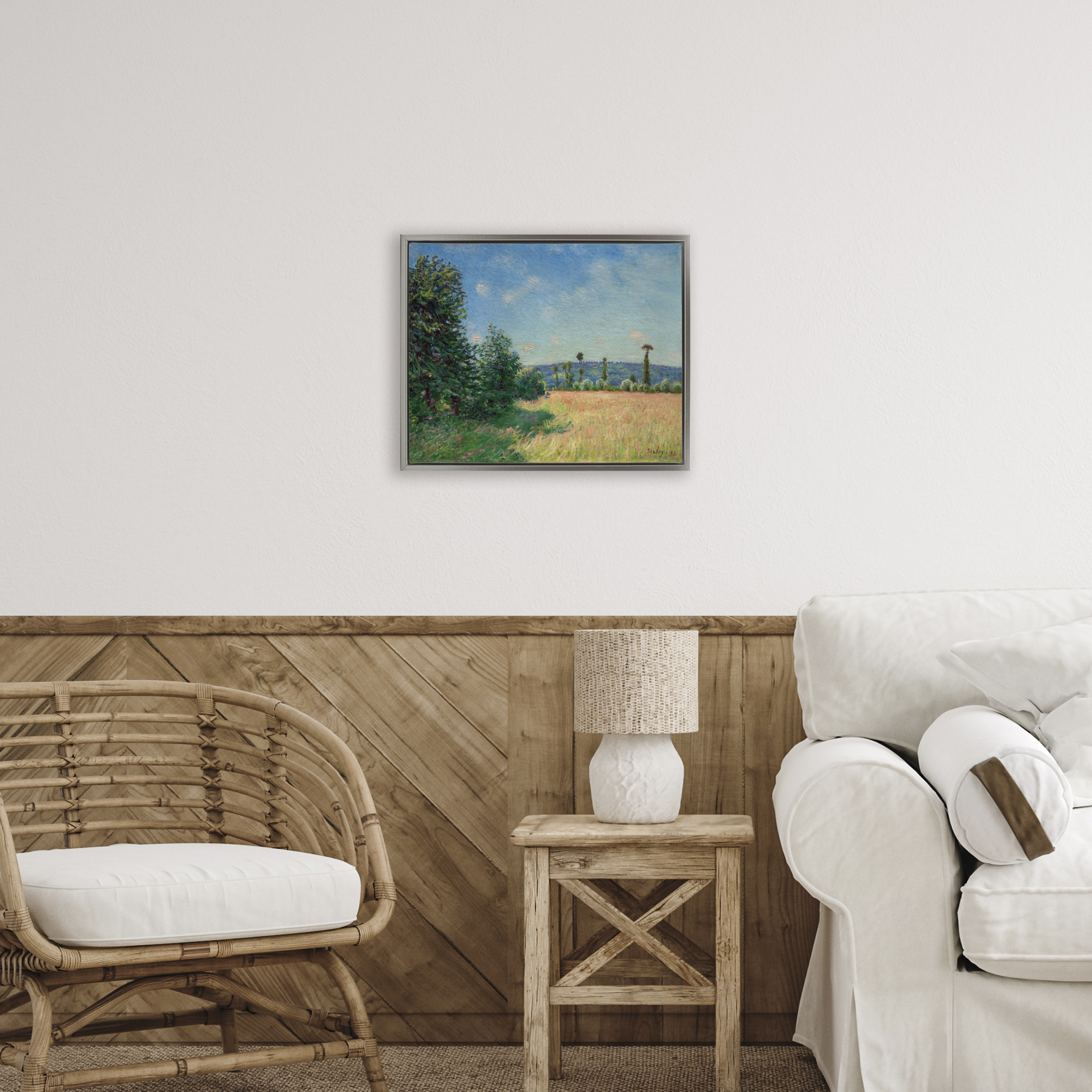 Sahurs Meadows in Morning Sun Gray Framed Floater Canvas Wall Art, design by Alfred Sisley