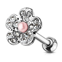 MoBody Clear CZ Jeweled Flower with Faux Pink Pearl Tragus Earring Surgical Steel Cartilage Helix Piercing Stud 16G