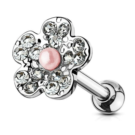 - MoBody Clear CZ Jeweled Flower with Faux Pink Pearl Tragus Earring Surgical Steel Cartilage Helix Piercing Stud 16G