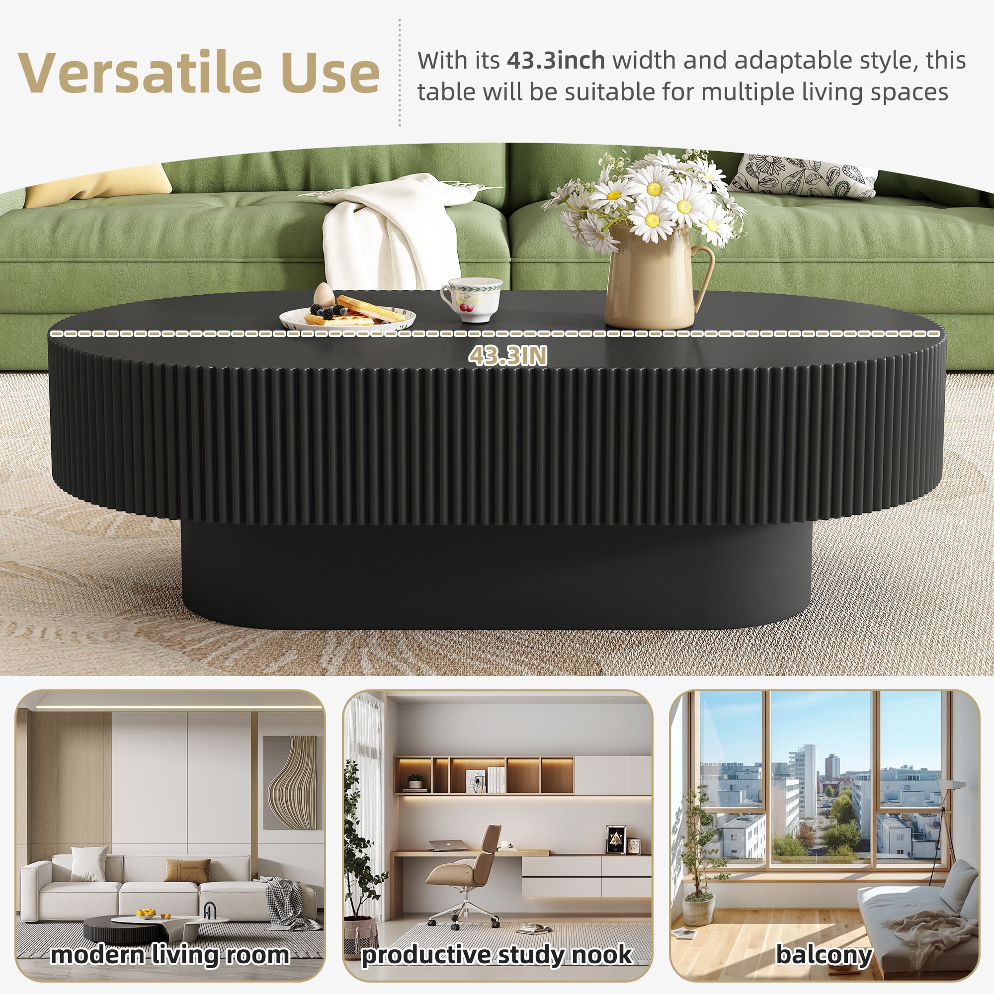 Harper & Bright Designs Wood Fluted Coffee Table, Modern Drum End Table, Oval Center Table with Sturdy Base for Living Room, Black