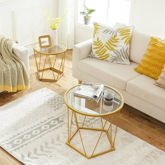 HOOBRO Round Coffee Table Set of 2 Gold End Table Modern Tempered Glass Living Room Bedroom Balcony Yard GD79BZ01