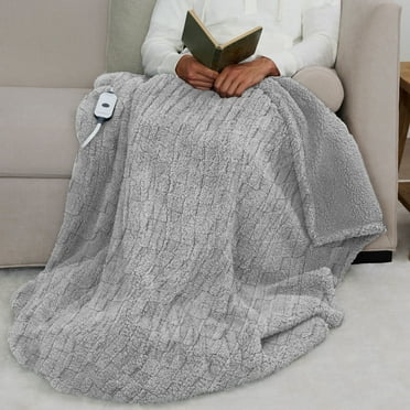 Sunbeam Throw Sherpa Jacquard Light Marble Grey, 4 Heat Settings, 4-Hour Auto Shut-Off, Electric Heated Blanket, 50” x 60”