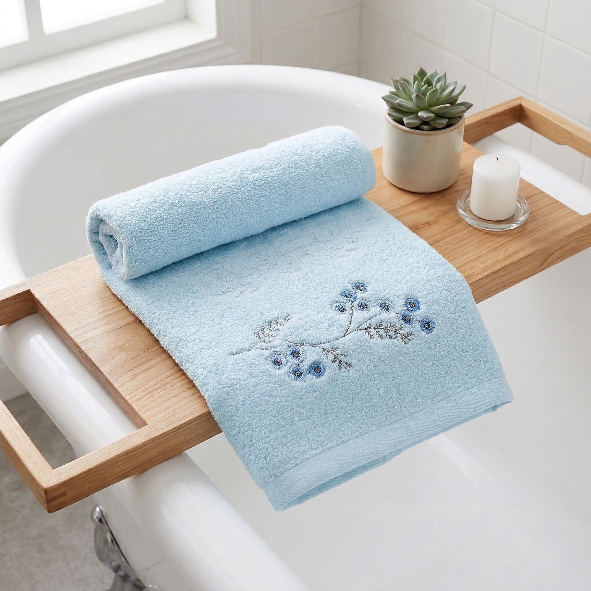 Unique Bargains Soft Absorbent Floral Cotton Hand Towels Blue 29" x 13"