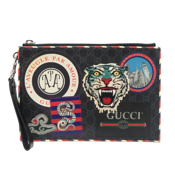 Pre-Owned Gucci Patches Clutch Bag, Women's/Men's Second 496346, GG Supreme, Black