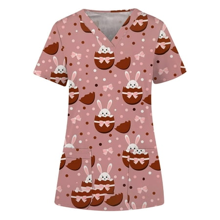 

Ecqkame Women Easter Plus Size Scrub Tops Easter Eggs Bunny Rabbit Printed Working Uniform Blouse T-shirt Casual Short Sleeve V-neck Blouse Tops With Pocket Red XXL on Clearance