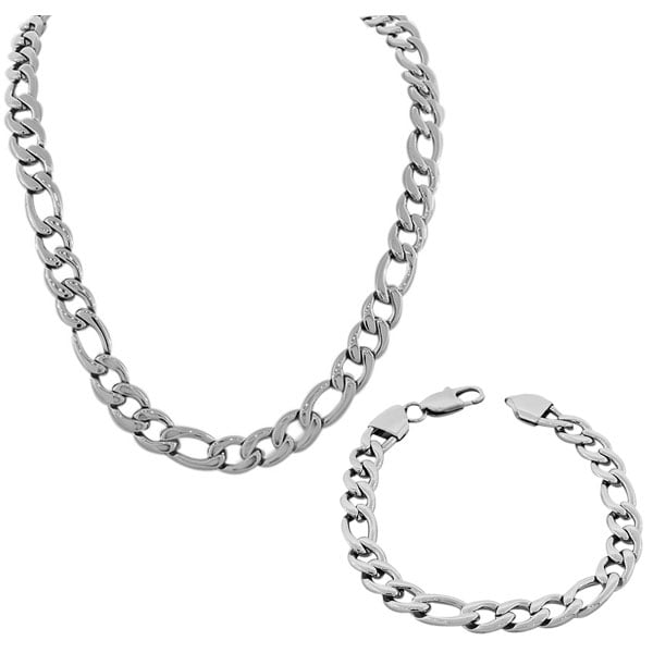 Stainless Steel Silver-Tone Mens Classic Link Chain Necklace and Bracelet Set