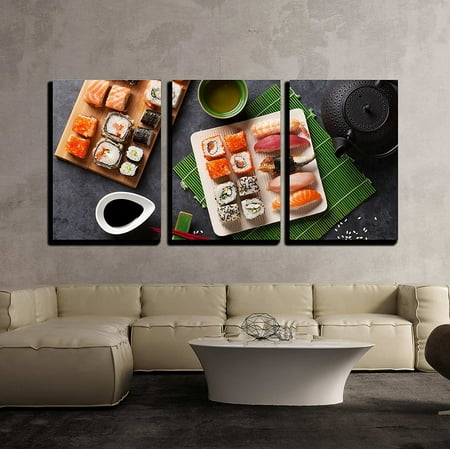 - wall26 - 3 Piece Canvas Wall Art - Set of Sushi and Maki Roll and Green Tea on Stone Table. Top View - Modern Home Decor Stretched and Framed Ready to Hang - 16