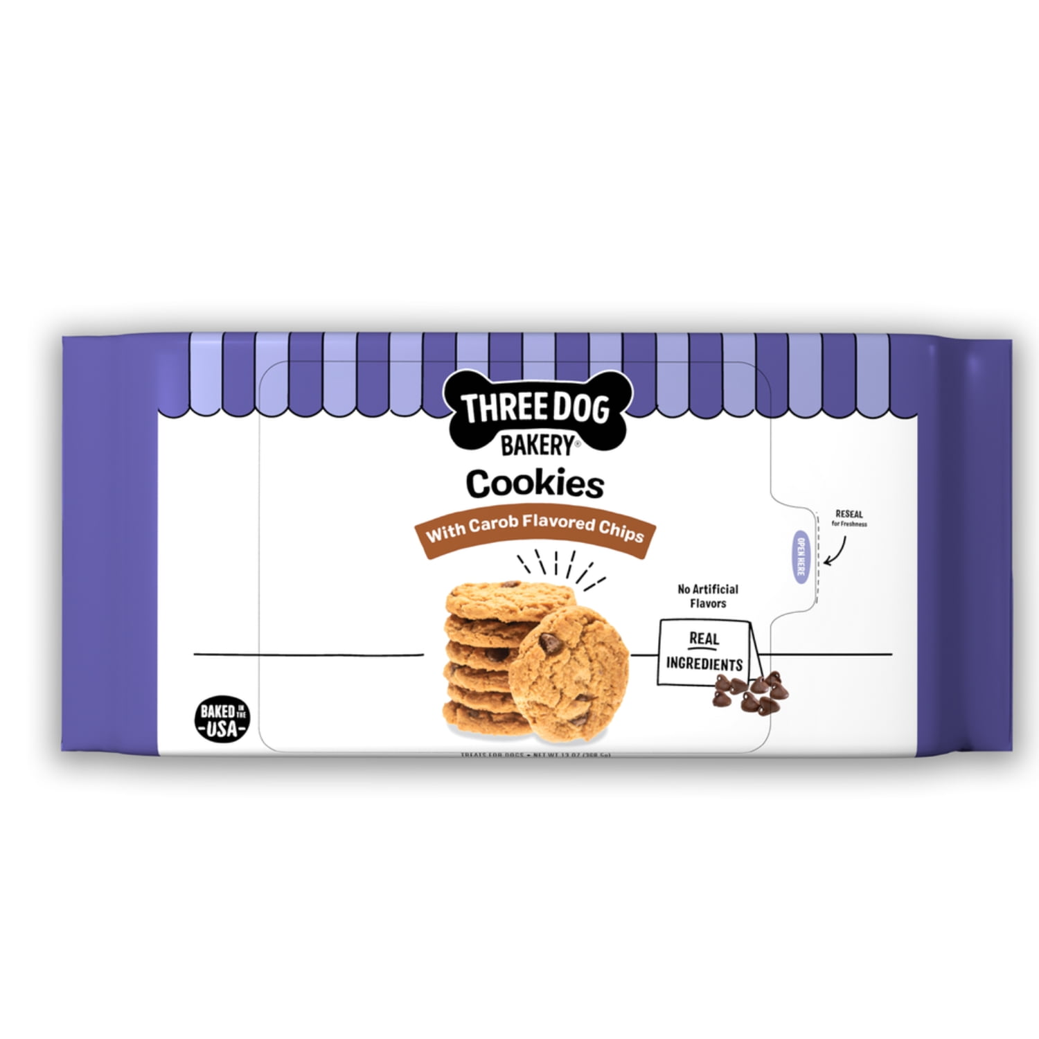 (6 pack) Three Dog Bakery Cookies with Carob Flavored Chips, Baked Dog Treats, 13 oz