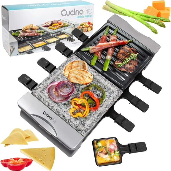CucinaPro Electric Cheese Raclette Table Grill w Nonstick Grilling Plate & Cooking Stone - Deluxe 8 Person Tabletop Cooker w Hotplate