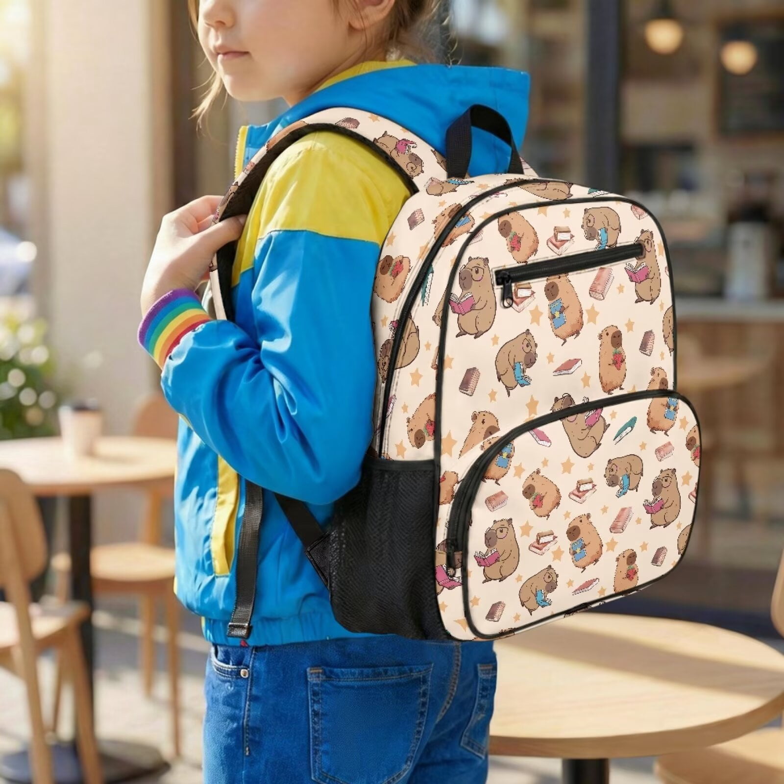 Pzuqiu Cute Capybara Print 13.5 Inch Preschool Backpack for Toddlers Kids Breathable School Bookbag with Adjustable Straps Multi Pockets Casual Daypack for Kindergarten