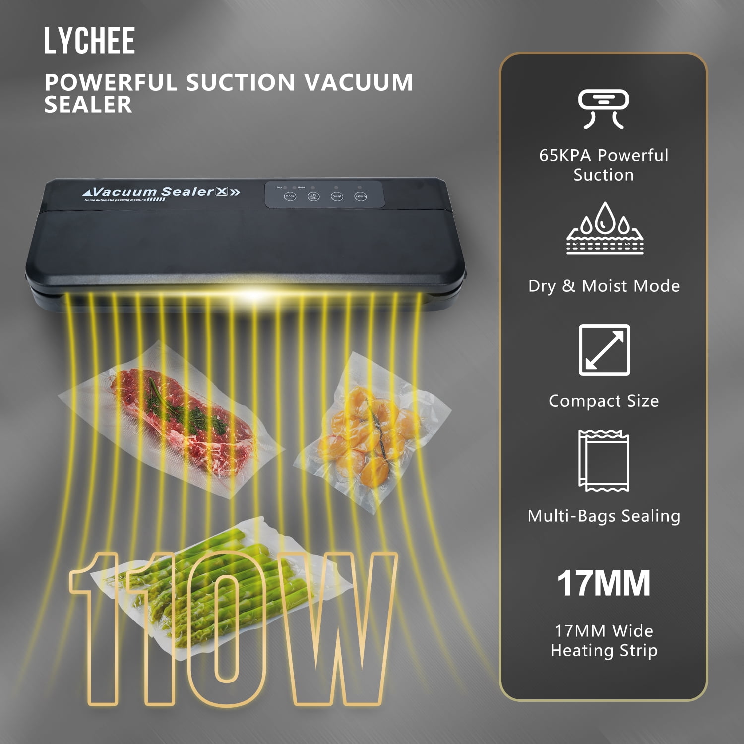 Lychee Food Saver Vacuum Sealer Machine, Moisture Proof Auto Food Sealer  with 15 Vacuum Sealer Bags (Black) 