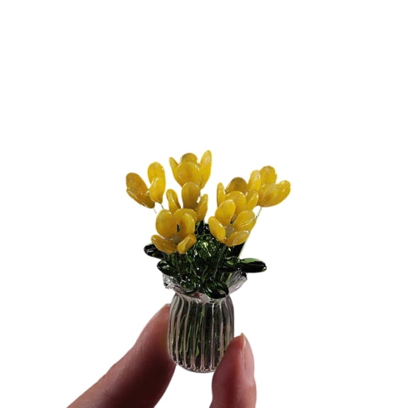 Handmade Lampwork Tiny Glass Flowers, Mini Glass Flowers in Vase, Unique Collectible Art Gift, Tiny Glass Flowers in Vase with Stems for Mother's Day, Office, Home(Yellow)