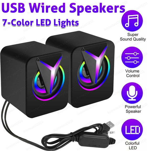 Curuk Wired 2.0 Channel Computer Speakers, RGB LED Mini USB Wired PC Speakers HIFI Stereo Bass for Computer Laptop Desktop