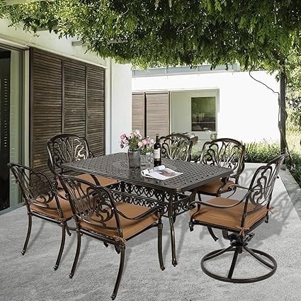 SOCIALCOMFY 7-Piece Patio Cast Aluminum Dining Set, All-Weather Outdoor Dining Furniture Set, Include 4 Stationary Chairs, 2 Swivel Dining Chairs and a Rectangle Table with Umbrella Hole, Khaki