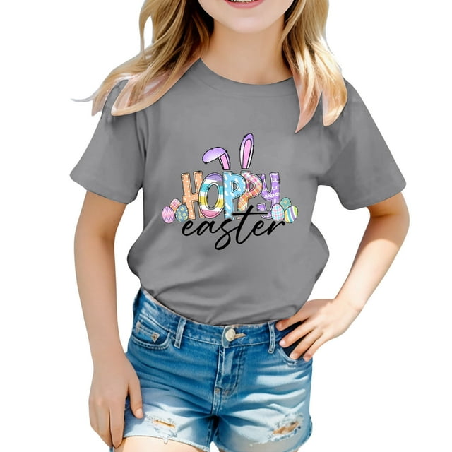 LUOGENLI T-Shirt pour Filles Enfant Filles Pâques Mignon Graphique Col Rond Manche Courte Tee Été Décontracté T-Shirt Chandails pour Filles Tendance Gris 6-7 Ans