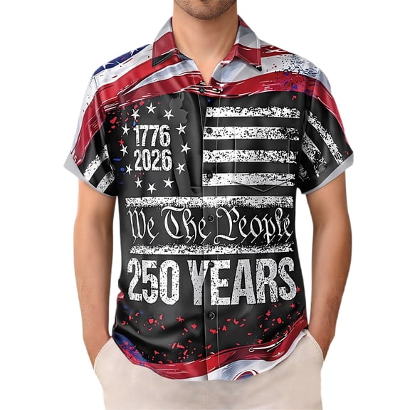 FUZHIQ Men's 4th of July 250th Anniversary Hawaiian Shirt 1776-2026 America Flag Print Short Sleeve Casual Button Down Shirt,L