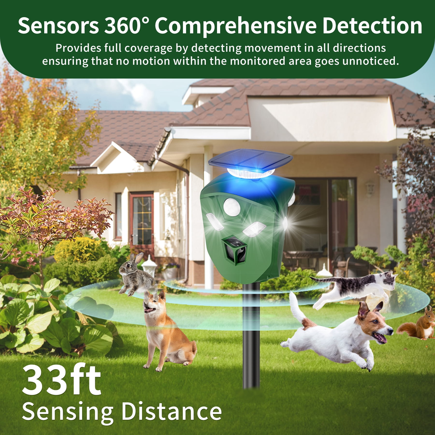 X-PEST Ultrasonic Squirrel Repeller Outdoor - Deer Deterrent with PIR Sensor, Solar Powered for 360° Protection Against Deer, Squirrels, Raccoons, Rabbits in Garden, Yard, Farm