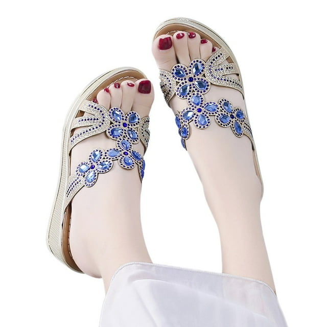 Sandales Compensées Leozcaa pour Femmes Été Élégantes à Strass Confortables pour la Marche Décontractées à Enfiler Chaussures d'Été