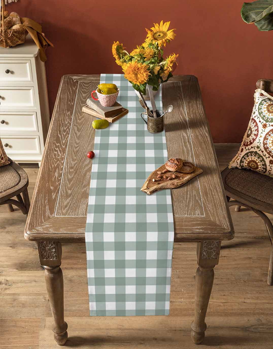 Green Farmhouse Burlap Cotton Table Runner 13x90 Inches Long, Buffalo Plaid Check Lattice White Grid Farmhouse Table Runners, Outdoor Dining Tablecloths Decor for Baby Shower/Party/Wedding