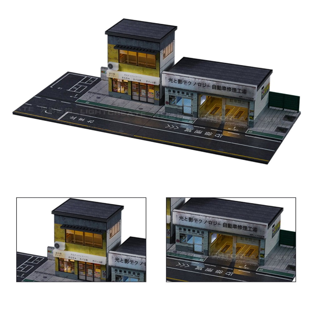 1/64 Scale Diorama Car Garage Model LED Lighting ,Diecast Car Display Case Kits,City Street Coffee Shop Maintenance Workshop Building Scene Display Model