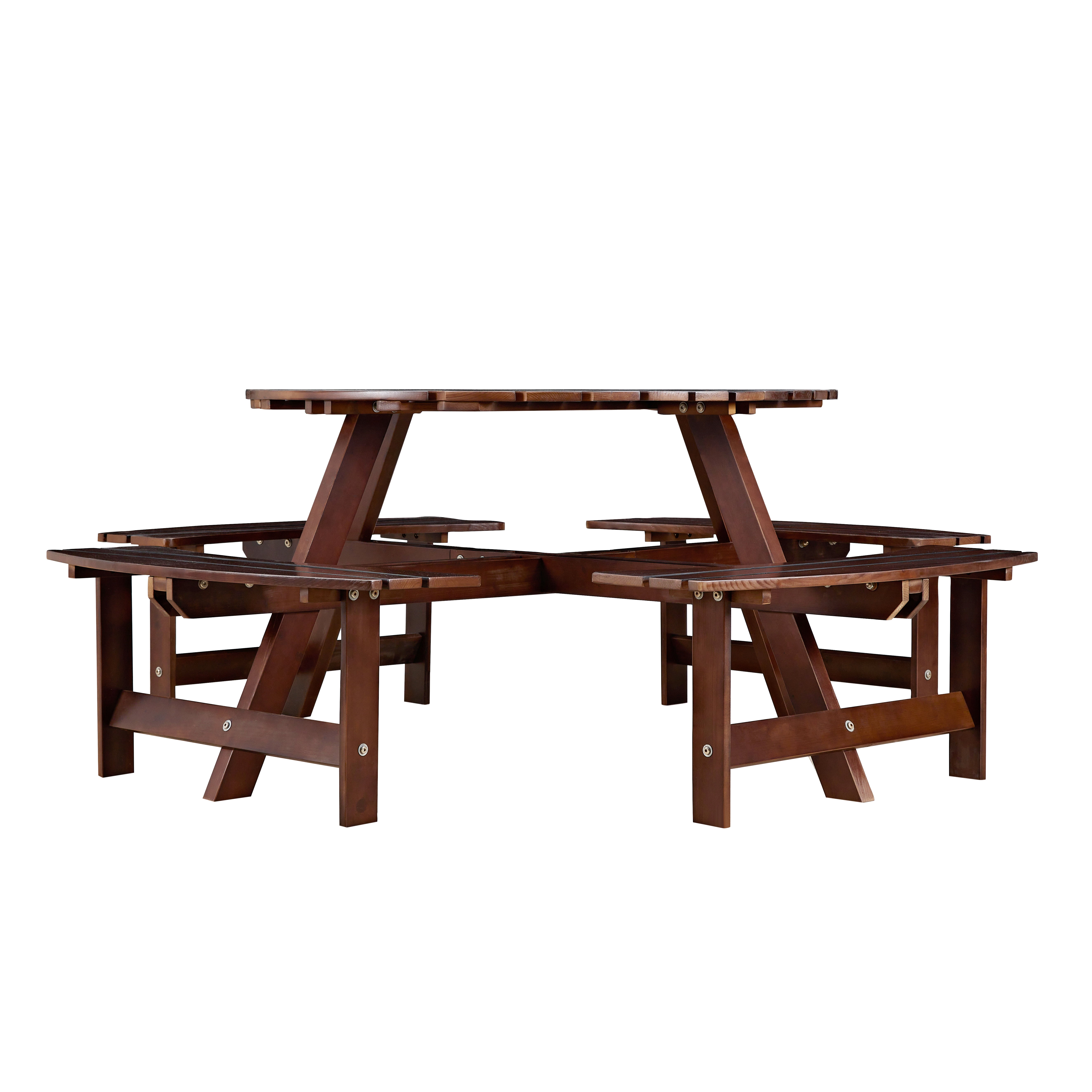 Outdoor 8 Person Picnic Table, Round Picnic Table with 4 Built-in Benches, Umbrella Hole, Outside Table and Bench Set for Garden, Backyard, Porch, Patio, Brown