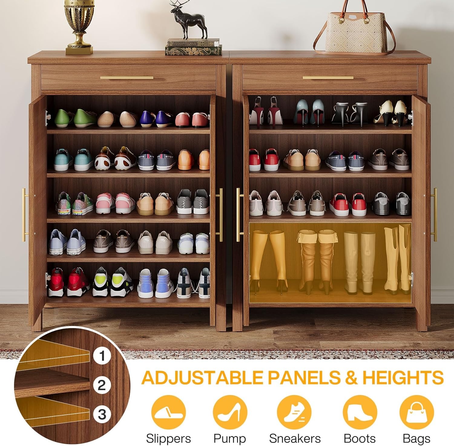 5-Tier Shoe Cabinet with Louvered Doors & Drawer, Freestanding Wooden Shoe Rack Organizer with Adjustable Shelves for Entryway, Hallway, Closet