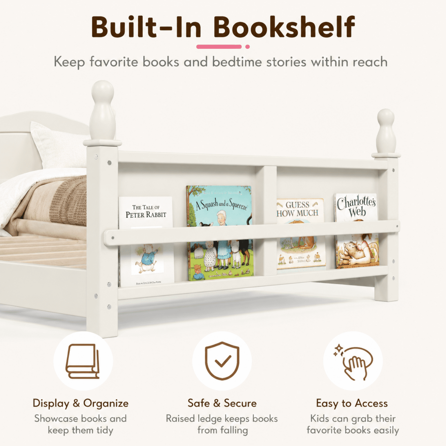 Miniyam Twin Floor Bed with Guardrails and Bookshelf, Kids Low Bed Frame for Bedroom, White