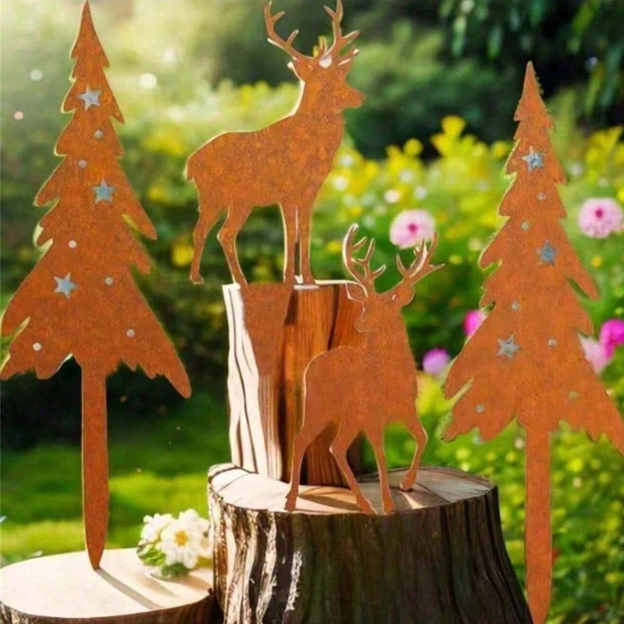 4 Pcs Metal Deer and Tree Sculpture Set Rustic Garden Statues,Cute Animal Silhouette Yard Art for Yard Art, Outside, Patio, Outdoor Decor, Garden Decorations, Lawn Ornaments